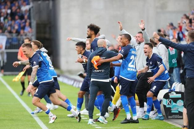 19 05 2023, xtvx, football 2 Bundesliga, SV Darmstadt 98 1 FC Magdeburg emspor, emonline, v l Phillip Tietz SV Darmstadt 98 coach Torsten Lieberknecht SV Darmstadt 98 Yassin Ben Balla SV Darmstadt 98 final whistle DFL DFB REGULATIONS PROHIBIT ANY USE OF PHOTOGRAPHS as IMAGE SEQUENCES and or QUASI VIDEO Darmstadt