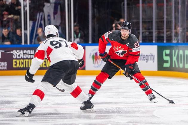 RIGA, LATVIA MAY 20 Scott Laughton of Canada in action during the 2023 IIHF Ice Hockey World Championship Finland Latvia game between Canada Switzerland at Arena Riga on May 20, 2023 in Riga, Latvia Riga Arena Riga Latvia  Copyright: xJustPictures.ch JarixPestelaccix