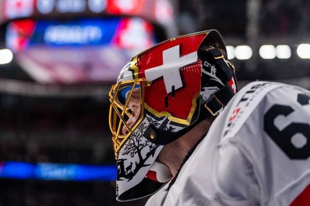 RIGA, LATVIA MAY 20 Leonardo Genoni of Switzerland during the 2023 IIHF Ice Hockey World Championship Finland Latvia game between Canada Switzerland at Arena Riga on May 20, 2023 in Riga, Latvia Riga Arena Riga Latvia  Copyright: xJustPictures.ch JarixPestelaccix