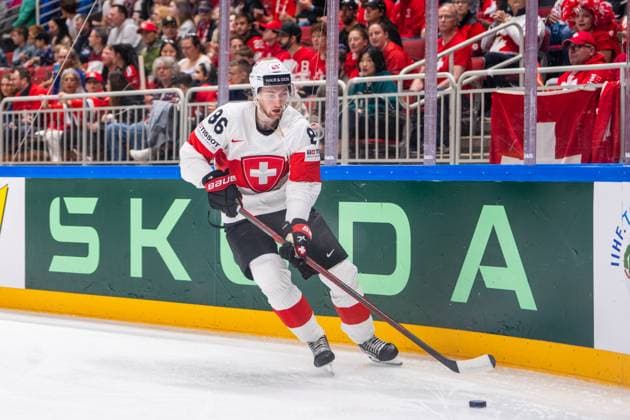 RIGA, LATVIA MAY 20 Janis Moser of Switzerland in action during the 2023 IIHF Ice Hockey World Championship Finland Latvia game between Canada Switzerland at Arena Riga on May 20, 2023 in Riga, Latvia Riga Arena Riga Latvia  Copyright: xJustPictures.ch JarixPestelaccix