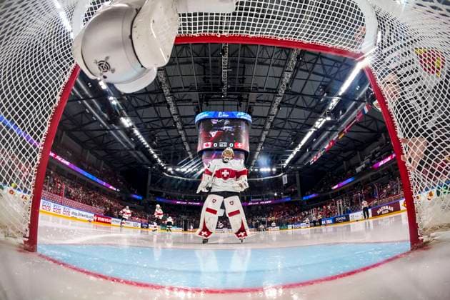 RIGA, LATVIA MAY 20 goalkeeper Leonardo Genoni of Switzerland reach the net before the 2023 IIHF Ice Hockey World Championship Finland Latvia game between Canada Switzerland at Arena Riga on May 20, 2023 in Riga, Latvia Riga Arena Riga Latvia  Copyright: xJustPictures.ch JarixPestelaccix