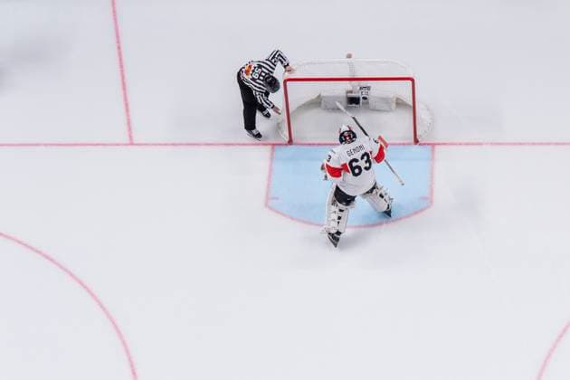 RIGA, LATVIA MAY 20 goalkeeper Leonardo Genoni of Switzerland reach the net before the 2023 IIHF Ice Hockey World Championship Finland Latvia game between Canada Switzerland at Arena Riga on May 20, 2023 in Riga, Latvia Riga Arena Riga Latvia  Copyright: xJustPictures.ch JarixPestelaccix