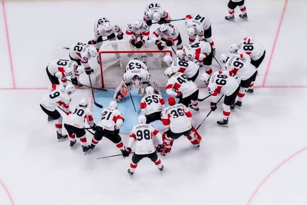 RIGA, LATVIA MAY 20 Switzerland squad before the game during the 2023 IIHF Ice Hockey World Championship Finland Latvia game between Canada Switzerland at Arena Riga on May 20, 2023 in Riga, Latvia Riga Arena Riga Latvia  Copyright: xJustPictures.ch JarixPestelaccix