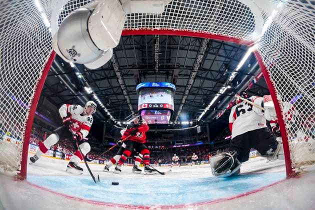 RIGA, LATVIA MAY 20 Janis Moser of Switzerland L saves the puck near the goal line during the 2023 IIHF Ice Hockey World Championship Finland Latvia game between Canada Switzerland at Arena Riga on May 20, 2023 in Riga, Latvia Riga Arena Riga Latvia  Copyright: xJustPictures.ch JarixPestelaccix