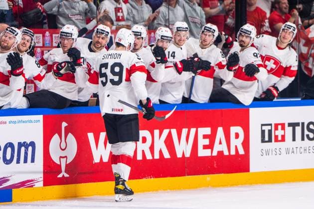 RIGA, LATVIA MAY 20 Dario Simion of Switzerland celebrates his goal during the 2023 IIHF Ice Hockey World Championship Finland Latvia game between Canada Switzerland at Arena Riga on May 20, 2023 in Riga, Latvia Riga Arena Riga Latvia  Copyright: xJustPictures.ch JarixPestelaccix