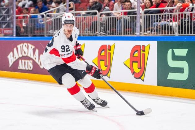 RIGA, LATVIA MAY 20 Gaetan Haas of Switzerland in action during the 2023 IIHF Ice Hockey World Championship Finland Latvia game between Canada Switzerland at Arena Riga on May 20, 2023 in Riga, Latvia Riga Arena Riga Latvia  Copyright: xJustPictures.ch JarixPestelaccix