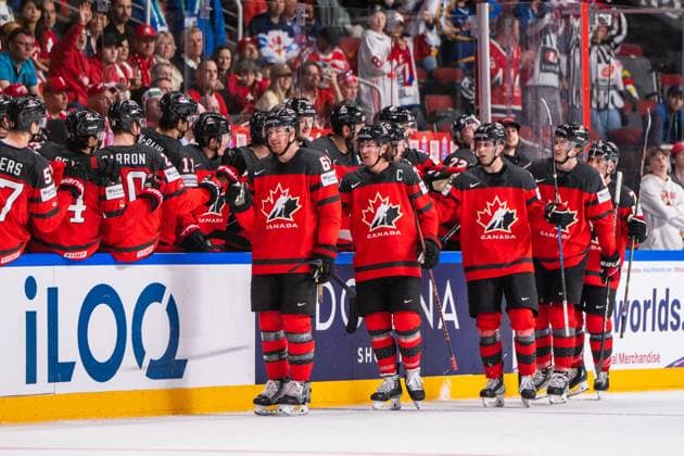RIGA, LATVIA MAY 20 Lawson Crouse of Canada celebrates his goal with the bench during the 2023 IIHF Ice Hockey World Championship Finland Latvia game between Canada Switzerland at Arena Riga on May 20, 2023 in Riga, Latvia Riga Arena Riga Latvia  Copyright: xJustPictures.ch JarixPestelaccix