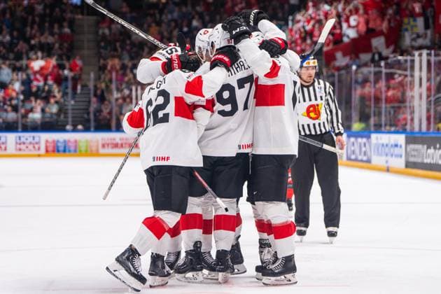 RIGA, LATVIA MAY 20 Swiss squad celebrates the 1 1 of Nico Hischier of Switzerland not shown during the 2023 IIHF Ice Hockey World Championship Finland Latvia game between Canada Switzerland at Arena Riga on May 20, 2023 in Riga, Latvia Riga Arena Riga Latvia  Copyright: xJustPictures.ch JarixPestelaccix
