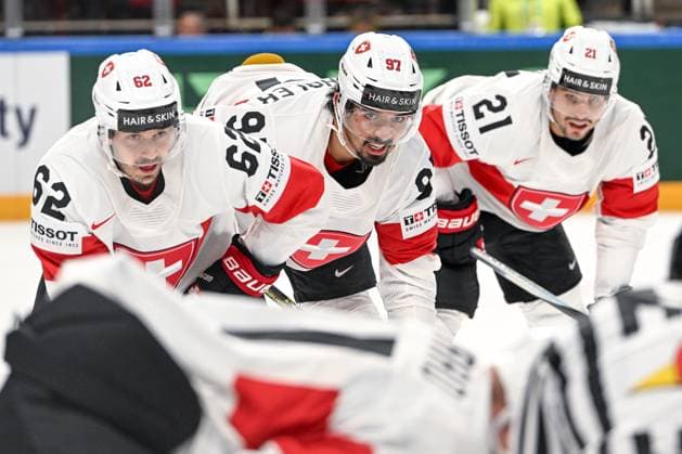 RIGA, LATVIA MAY 20 Denis Malgin of Switzerland L , Jonas Siegenthaler of Switzerland and Kevin Fiala of Switzerland R focus before a faceoff during the 2023 IIHF Ice Hockey World Championship Finland Latvia game between Canada Switzerland at Arena Riga on May 20, 2023 in Riga, Latvia Riga Arena Riga Latvia  Copyright: xJustPictures.ch AndreaxBrancax