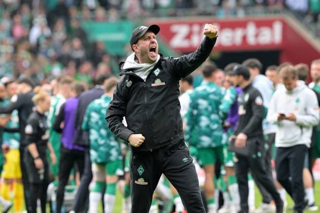 GER, 1 FBL, SV Werder Bremen vs 1 FC Koeln 20 05 2023, wohninvest Weserstadion, Bremen, GER, 1 FBL, SV Werder Bremen vs 1 FC Koeln in picture shows end of match final score 1 1 coach Ole Werner Werder Bremen cheers nordphotoxGmbHx xKokenge nph00001