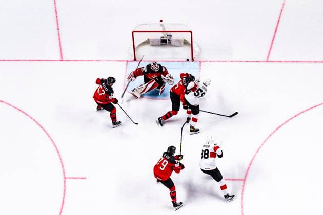 RIGA, LATVIA MAY 20 Dario Simion of Switzerland R scores the 3 1 during the 2023 IIHF Ice Hockey World Championship Finland Latvia game between Canada Switzerland at Arena Riga on May 20, 2023 in Riga, Latvia Riga Arena Riga Latvia  Copyright: xJustPictures.ch JarixPestelaccix