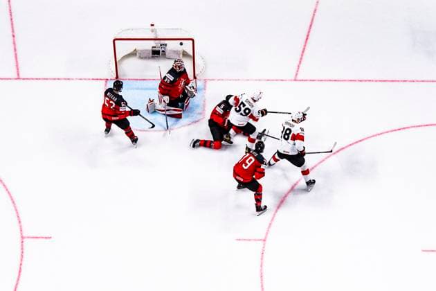 RIGA, LATVIA MAY 20 Dario Simion of Switzerland R scores the 3 1 during the 2023 IIHF Ice Hockey World Championship Finland Latvia game between Canada Switzerland at Arena Riga on May 20, 2023 in Riga, Latvia Riga Arena Riga Latvia  Copyright: xJustPictures.ch JarixPestelaccix