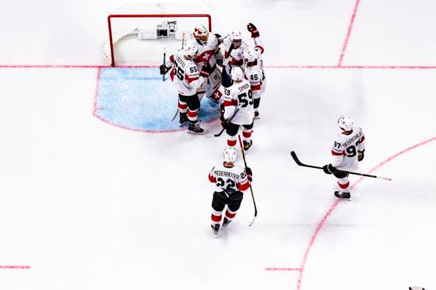 RIGA, LATVIA MAY 20 Swiss squad celebrates victory against Team Canadaduring the 2023 IIHF Ice Hockey World Championship Finland Latvia game between Canada Switzerland at Arena Riga on May 20, 2023 in Riga, Latvia Riga Arena Riga Latvia  Copyright: xJustPictures.ch JarixPestelaccix