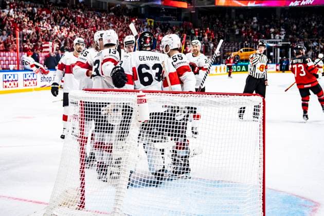 RIGA, LATVIA MAY 20 Swiss squad celebrates victory against Team Canadaduring the 2023 IIHF Ice Hockey World Championship Finland Latvia game between Canada Switzerland at Arena Riga on May 20, 2023 in Riga, Latvia Riga Arena Riga Latvia  Copyright: xJustPictures.ch JarixPestelaccix