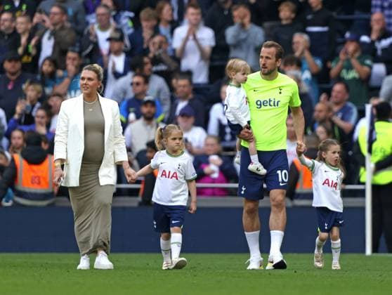 Harry Kane (TH), and his partner Katie Goodland, with children Ivy, Vivienne Jane and Louis, at the Tottenham Hotspur v Brentford EPL match, at the Tottenham Hotspur Stadium, London, UK on 20th May, 2023. 
