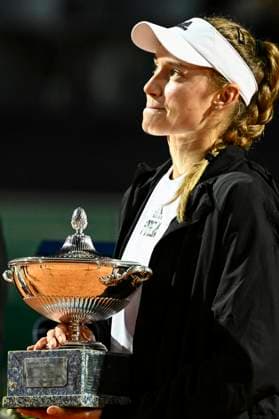 Elena Rybakina of Kazakhstan holds the trophy at the end of the final against Anhelina Kalinina of Ukraine at the Internazionali BNL d Italia tennis tournament at Foro Italico in Rome, Italy on May 20th, 2023. Elena Rybakina won 6-4, 1-0. antoniettaxbaldassarre