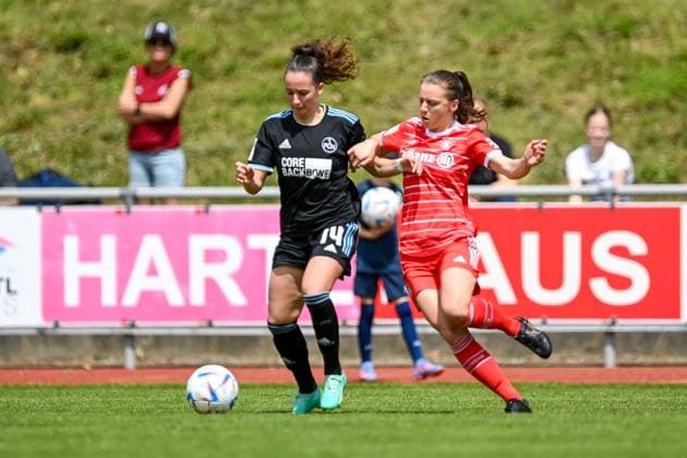 v li Elena Mühlemann Nuremberg, 14 Stefanie Reischmann FCB, 24 in duel, duel, tackle, dynamics, action, action, 21 05 2023, Aschheim Germany , Football,2 Women Bundesliga, FC Bayern Munich II 1 FC Nuremberg, DFB DFL REGULATIONS PROHIBIT ANY USE OF PHOTOGRAPHS AS IMAGE SEQUENCES AND OR QUASI VIDEO xslx