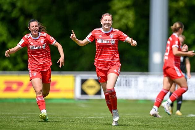 v li Sophia Weixler FCB, 16 Marlene Wild FCB, 3 with goal celebration, jubilation, goal celebration, celebrate the goal, goal, celebration, jubilation about the goal to 1 0 by Marlene Wild FCB, 3 , optimistic, action, Action, 21 05 2023, Aschheim Germany , Football,2 Women Bundesliga, FC Bayern Munich II 1 FC Nuremberg, DFB DFL REGULATES PROHIBIT ANY USE OF PHOTOGRAPHS AS IMAGE SEQUENCES AND OR QUASI VIDEO xslx