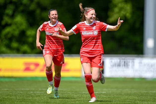 v li Sophia Weixler FCB, 16 Marlene Wild FCB, 3 with goal celebration, jubilation, goal celebration, celebrate the goal, goal, celebration, jubilation about the goal to 1 0 by Marlene Wild FCB, 3 , optimistic, action, Action, 21 05 2023, Aschheim Germany , Football,2 Women Bundesliga, FC Bayern Munich II 1 FC Nuremberg, DFB DFL REGULATES PROHIBIT ANY USE OF PHOTOGRAPHS AS IMAGE SEQUENCES AND OR QUASI VIDEO xslx