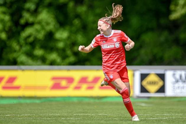 Marlene Wild FCB, 3 with goal celebration, jubilation, celebrating the goal, goal, celebration, jubilation about the goal to 1 0 by Marlene Wild FCB, 3 , optimistic, crop, full body, single image, action, action, 21 05 2023, Aschheim Germany , Soccer,2 Women Bundesliga, FC Bayern München II 1 FC Nürnberg, DFB DFL REGULATIONS PROHIBIT ANY USE OF PHOTOGRAPHS AS IMAGE SEQUENCES AND OR QUASI VIDEO xslx