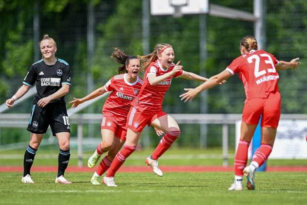 Franziska May Nuremberg, 18 looking disappointed, disappointment, frustration, disappointed, pessimistic, Sophia Weixler FCB, 16 Marlene Wild FCB, 3 Karolina Lea Vilhjalmsdottir FCB, 23 with goal cheer, jubilation, goal celebration, celebrate the goal, goal, celebration, celebrating the goal to 1 0 by Marlene Wild FCB, 3 , optimistic, action, action, 21 05 2023, Aschheim Germany , Football,2 Women Bundesliga, FC Bayern Munich II 1 FC Nuremberg, DFB DFL REGULATIONS PROHIBIT ANY USE OF PHOTOGRAPHS AS IMAGE SEQUENCES AND OR QUASI VIDEO xslx