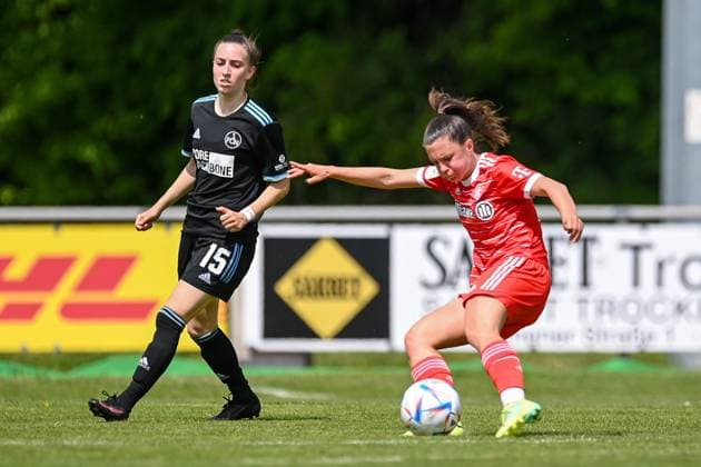 v li Rebekka Salfelder Nuremberg, 15 watches as Sophia Weixler FCB, 16 shoots the goal, shot to 2 0, 21 05 2023, Aschheim Germany , Fussball,2 Frauen Bundesliga, FC Bayern München II 1 FC Nürnberg, DFB DFL REGULATIONS PROHIBIT ANY USE OF PHOTOGRAPHS AS IMAGE SEQUENCES AND OR QUASI VIDEO xslx