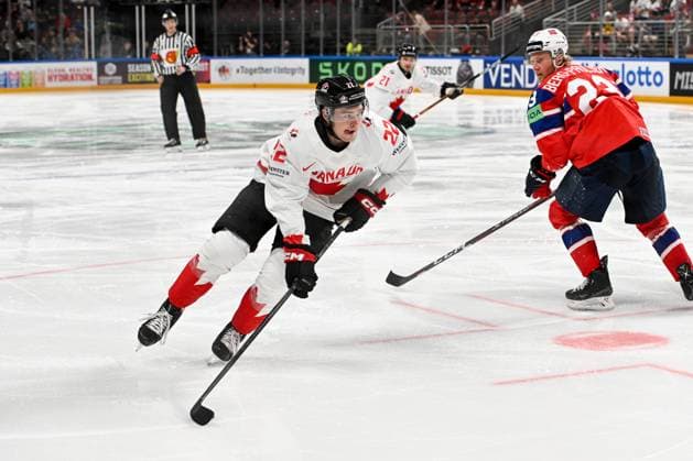 RIGA, LATVIA MAY 22 Jack Quinn of Canada in action during the 2023 IIHF Ice Hockey World Championship Finland Latvia game between Canada and Norway at Arena Riga on May 22, 2023 in Riga, Latvia Riga Arena Riga Latvia  Copyright: xJustPictures.ch AndreaxBrancax