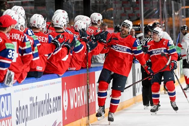 RIGA, LATVIA MAY 22 Andreas Martinsen of Norway celebrate after scoring a goal during the 2023 IIHF Ice Hockey World Championship Finland Latvia game between Canada and Norway at Arena Riga on May 22, 2023 in Riga, Latvia Riga Arena Riga Latvia  Copyright: xJustPictures.ch AndreaxBrancax