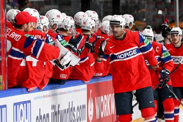 RIGA, LATVIA MAY 22 Andreas Martinsen of Norway celebrate after scoring a goal during the 2023 IIHF Ice Hockey World Championship Finland Latvia game between Canada and Norway at Arena Riga on May 22, 2023 in Riga, Latvia Riga Arena Riga Latvia  Copyright: xJustPictures.ch AndreaxBrancax