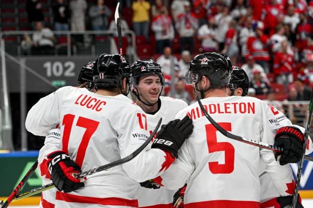 RIGA, LATVIA MAY 22 Milan Lucic of Canada celebrate after scoring a goal during the 2023 IIHF Ice Hockey World Championship Finland Latvia game between Canada and Norway at Arena Riga on May 22, 2023 in Riga, Latvia Riga Arena Riga Latvia  Copyright: xJustPictures.ch AndreaxBrancax
