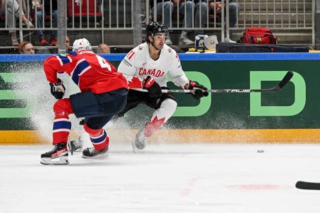 RIGA, LATVIA MAY 22 Jack Mcbain of Canada against Johannes Johannesen of Norway during the 2023 IIHF Ice Hockey World Championship Finland Latvia game between Canada and Norway at Arena Riga on May 22, 2023 in Riga, Latvia Riga Arena Riga Latvia  Copyright: xJustPictures.ch AndreaxBrancax