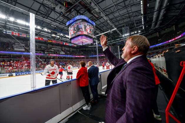 RIGA, LATVIA MAY 22 Lawson Crouse of Canada changes his gloves on the fly during the 2023 IIHF Ice Hockey World Championship Finland Latvia game between Canada and Norway at Arena Riga on May 22, 2023 in Riga, Latvia Riga Arena Riga Latvia  Copyright: xJustPictures.ch AndreaxBrancax