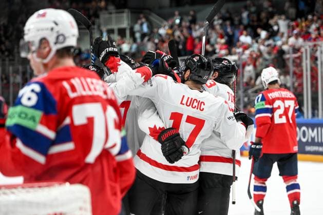 RIGA, LATVIA MAY 22 Canadian players celebrate after a goal scored by Lawson Crouse of Canada during the 2023 IIHF Ice Hockey World Championship Finland Latvia game between Canada and Norway at Arena Riga on May 22, 2023 in Riga, Latvia Riga Arena Riga Latvia  Copyright: xJustPictures.ch AndreaxBrancax