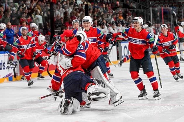 RIGA, LATVIA MAY 22 goalkeeper Jonas Arntzen of Norway celebrate the victory during the 2023 IIHF Ice Hockey World Championship Finland Latvia game between Canada and Norway at Arena Riga on May 22, 2023 in Riga, Latvia Riga Arena Riga Latvia  Copyright: xJustPictures.ch AndreaxBrancax