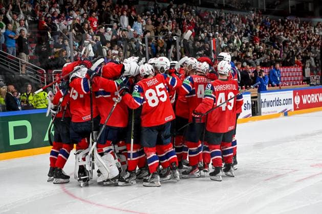 RIGA, LATVIA MAY 22 Norway celebrate the victory during the 2023 IIHF Ice Hockey World Championship Finland Latvia game between Canada and Norway at Arena Riga on May 22, 2023 in Riga, Latvia Riga Arena Riga Latvia  Copyright: xJustPictures.ch AndreaxBrancax