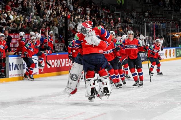 RIGA, LATVIA MAY 22 goalkeeper Jonas Arntzen of Norway celebrate the victory during the 2023 IIHF Ice Hockey World Championship Finland Latvia game between Canada and Norway at Arena Riga on May 22, 2023 in Riga, Latvia Riga Arena Riga Latvia  Copyright: xJustPictures.ch AndreaxBrancax