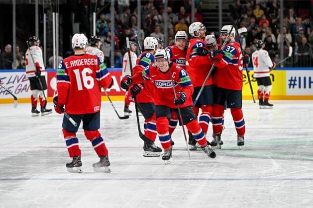 RIGA, LATVIA MAY 22 Ken Andre Olimb of Norway celebrate the victory during the 2023 IIHF Ice Hockey World Championship Finland Latvia game between Canada and Norway at Arena Riga on May 22, 2023 in Riga, Latvia Riga Arena Riga Latvia  Copyright: xJustPictures.ch AndreaxBrancax