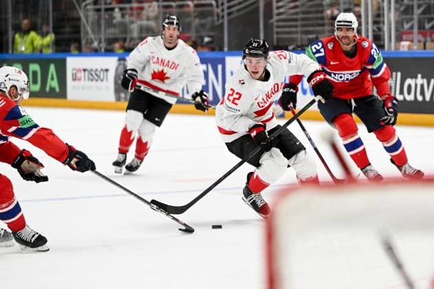 RIGA, LATVIA MAY 22 Jack Quinn of Canada in action during the 2023 IIHF Ice Hockey World Championship Finland Latvia game between Canada and Norway at Arena Riga on May 22, 2023 in Riga, Latvia Riga Arena Riga Latvia  Copyright: xJustPictures.ch AndreaxBrancax