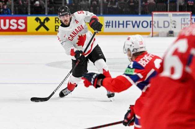 RIGA, LATVIA MAY 22 MacKenzie Weegar of Canada shoots the puck during the 2023 IIHF Ice Hockey World Championship Finland Latvia game between Canada and Norway at Arena Riga on May 22, 2023 in Riga, Latvia Riga Arena Riga Latvia  Copyright: xJustPictures.ch AndreaxBrancax