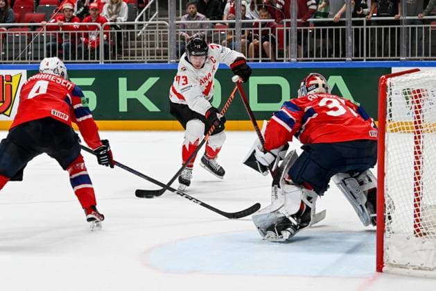 RIGA, LATVIA MAY 22 Tyler Toffoli of Canada tries to score against goalkeeper Jonas Arntzen of Norway during the 2023 IIHF Ice Hockey World Championship Finland Latvia game between Canada and Norway at Arena Riga on May 22, 2023 in Riga, Latvia Riga Arena Riga Latvia  Copyright: xJustPictures.ch AndreaxBrancax