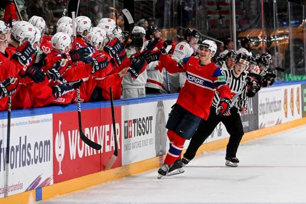 RIGA, LATVIA MAY 22 Isak Hansen of Norway celebrate after scoring a penalty shot during the 2023 IIHF Ice Hockey World Championship Finland Latvia game between Canada and Norway at Arena Riga on May 22, 2023 in Riga, Latvia Riga Arena Riga Latvia  Copyright: xJustPictures.ch AndreaxBrancax