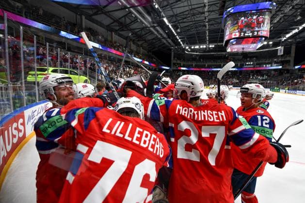 RIGA, LATVIA MAY 22 Norway celebrate the victory during the 2023 IIHF Ice Hockey World Championship Finland Latvia game between Canada and Norway at Arena Riga on May 22, 2023 in Riga, Latvia Riga Arena Riga Latvia  Copyright: xJustPictures.ch AndreaxBrancax