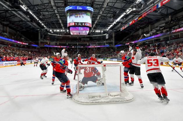 RIGA, LATVIA MAY 22 Canada celebrate a goal scored by Lawson Crouse of Canada during the 2023 IIHF Ice Hockey World Championship Finland Latvia game between Canada and Norway at Arena Riga on May 22, 2023 in Riga, Latvia Riga Arena Riga Latvia  Copyright: xJustPictures.ch AndreaxBrancax