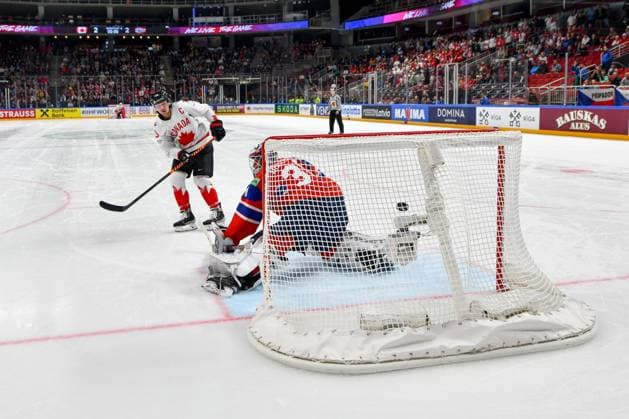 RIGA, LATVIA MAY 22 Tyler Toffoli of Canada scores on a penalty shot against goalkeeper Jonas Arntzen of Norway during the 2023 IIHF Ice Hockey World Championship Finland Latvia game between Canada and Norway at Arena Riga on May 22, 2023 in Riga, Latvia Riga Arena Riga Latvia  Copyright: xJustPictures.ch AndreaxBrancax