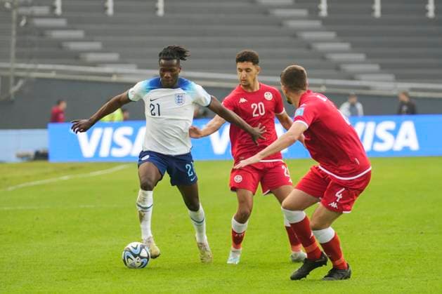 May 22, 2023, La Plata, Buenos Aires, Argentina: Sports. Oyegoke Daniel from England (left), Yacoub Bechir from Tunisia (middle) and El Abed Karim from Tnusia (right) during the FIFA U-20 World Cup Argentina 2023 match between England and Tunisia at Stadium Unico Diego Armando Maradona in La Plata, Buenos Aires, Argentina, on May 22, 2023 La Plata Argentina - ZUMAf135 0257385516st Copyright: xJulietaxFerrariox