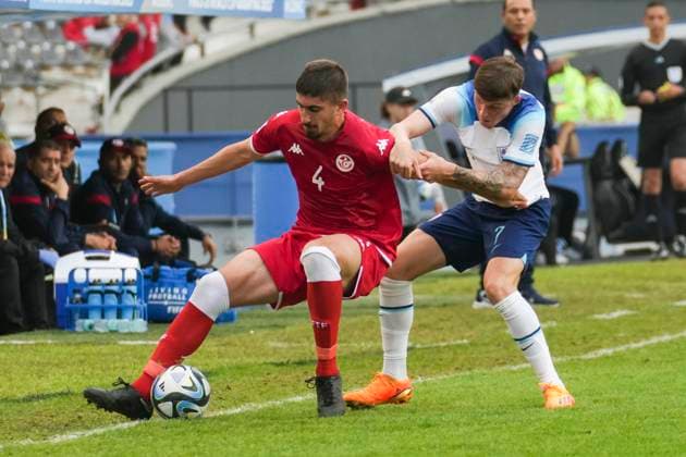 May 22, 2023, La Plata, Buenos Aires, Argentina: Sports. El Abed Karim from Tunisia (right) and Devine Alfie from England (right) during the FIFA U-20 World Cup Argentina 2023 match between England and Tunisia at Stadium Unico Diego Armando Maradona in La Plata, Buenos Aires, Argentina, on May 22, 2023 La Plata Argentina - ZUMAf135 0257385826st Copyright: xJulietaxFerrariox