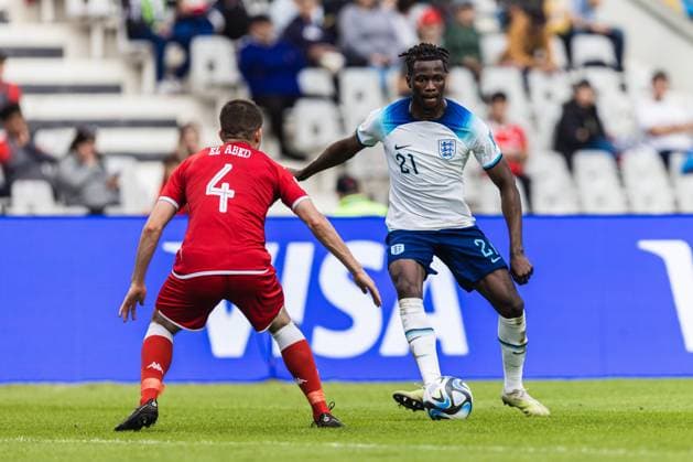 England v Tunisia U20 World Cup LA PLATA, BA - 22.05.2023: ENGLAND V TUNISIA U20 WORLD CUP - Daniel OYEGOKE of England, during the match between England and Tunisia at Estadio La Plata, in Argentina, for the group stage of the FIFA U-20 World Cup, this Monday (22). (Photo: Sporteo Fotoarena) x2376527x  Sporteo
