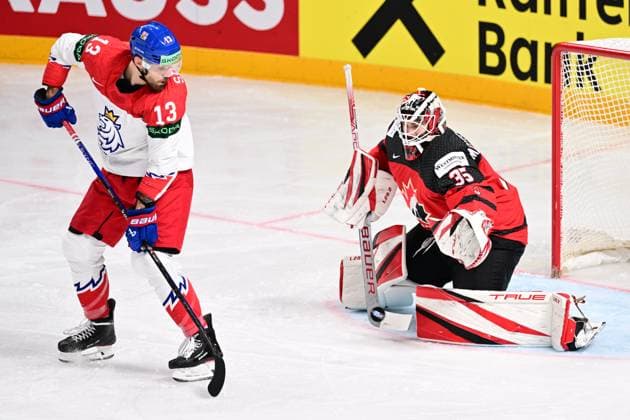 From left Czech Michael Spacek, Samuel Montembeault, goalie of Canada in action during the IIHF Ice hockey, Eishockey World Championship, WM, Weltmeisterschaft Group B match Czech Republic vs Canada, on May 23, 2023, in Riga, Latvia. (CTKxPhoto DavidxTanecek) CTKPhotoP2023052305965  CTKPhotoP2023052305965