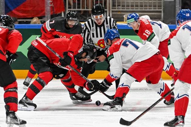 RIGA, LATVIA MAY 23 Vladimir Sobotka of Czech Republic and Jack Mcbain of Canada on the faceoff during the 2023 IIHF Ice Hockey World Championship Finland Latvia game between Canada and Czech Republic at Arena Riga on May 23, 2023 in Riga, Latvia Riga Arena Riga Latvia  Copyright: xJustPictures.ch AndreaxBrancax