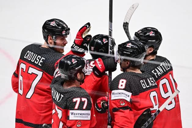 Hockey players of Canada Lawson Crouse, Brad Hunt, Cody Glass, Adam Fantilli (L-R) celebrate goal during the IIHF Ice hockey, Eishockey World Championship, WM, Weltmeisterschaft Group B match Czech Republic vs Canada, in Riga, Latvia, May 23, 2023. (CTKxPhoto DavidxTanecek) CTKPhotoP2023052306184 CTKPhotoP2023052306184